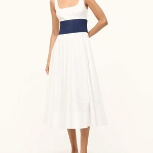 STAUD White Maxi Dress with Navy Band